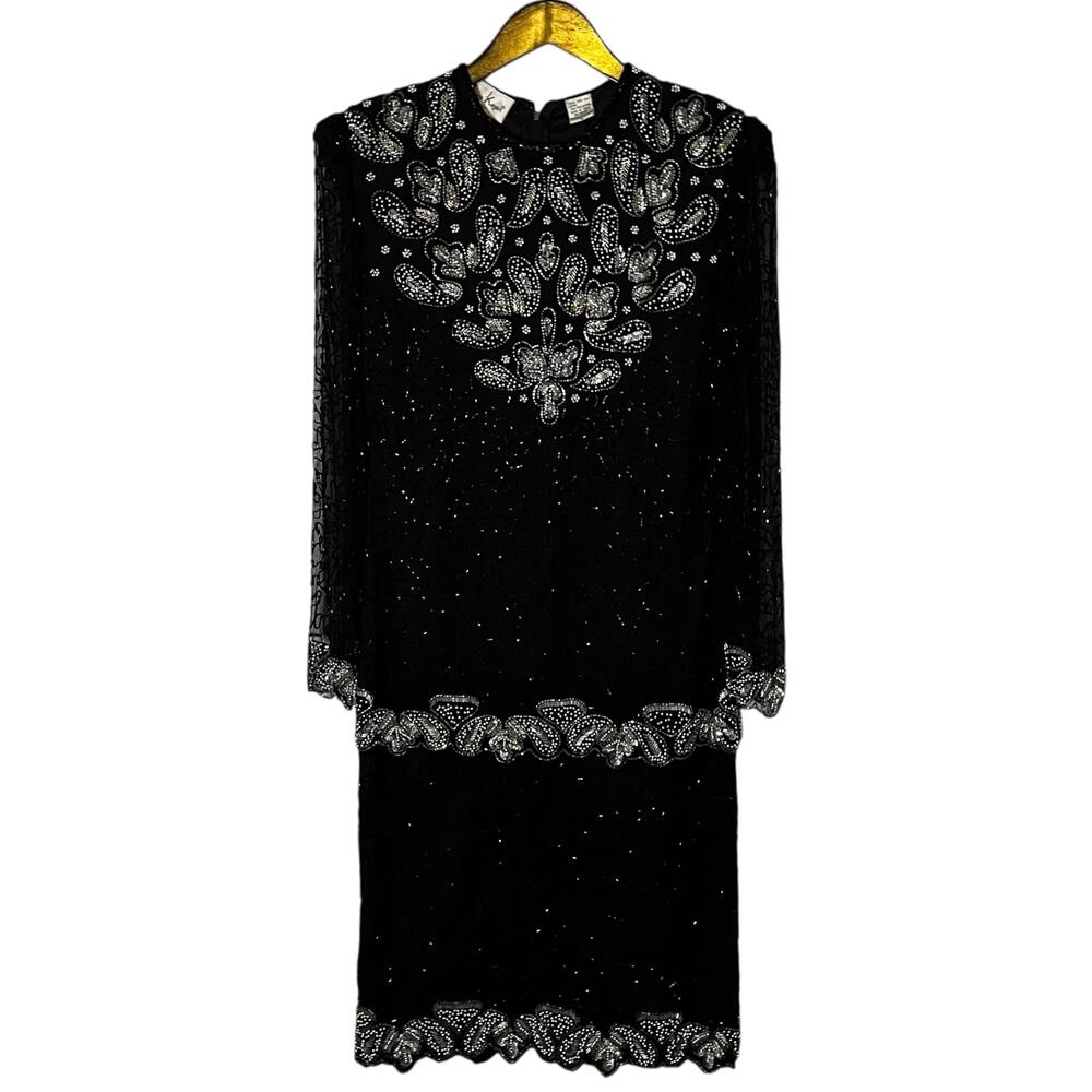 Vintage Laurence Kazar Dress Womens Small Black Silk Beaded Paisley Cocktail